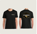 A black short-sleeve t-shirt shown on a headless model from both the front and back views. The front features a small white 'Centershot' logo on the left chest, while the back displays a large gold and white shield graphic reading 'Centershot 20 Years'.