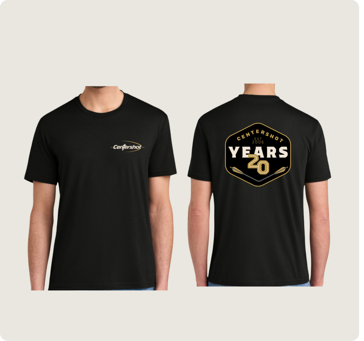 A black short-sleeve t-shirt shown on a headless model from both the front and back views. The front features a small white 'Centershot' logo on the left chest, while the back displays a large gold and white shield graphic reading 'Centershot 20 Years'.