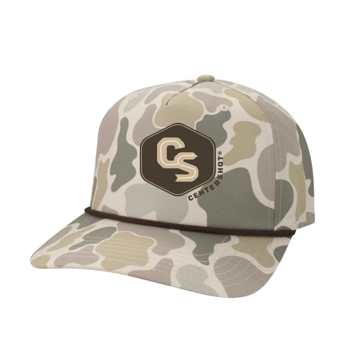 A camouflage baseball cap in shades of beige, gray, and olive green, featuring a dark brown hexagonal patch on the front with a gold 'CS' logo and the brand name 'Centershot'.