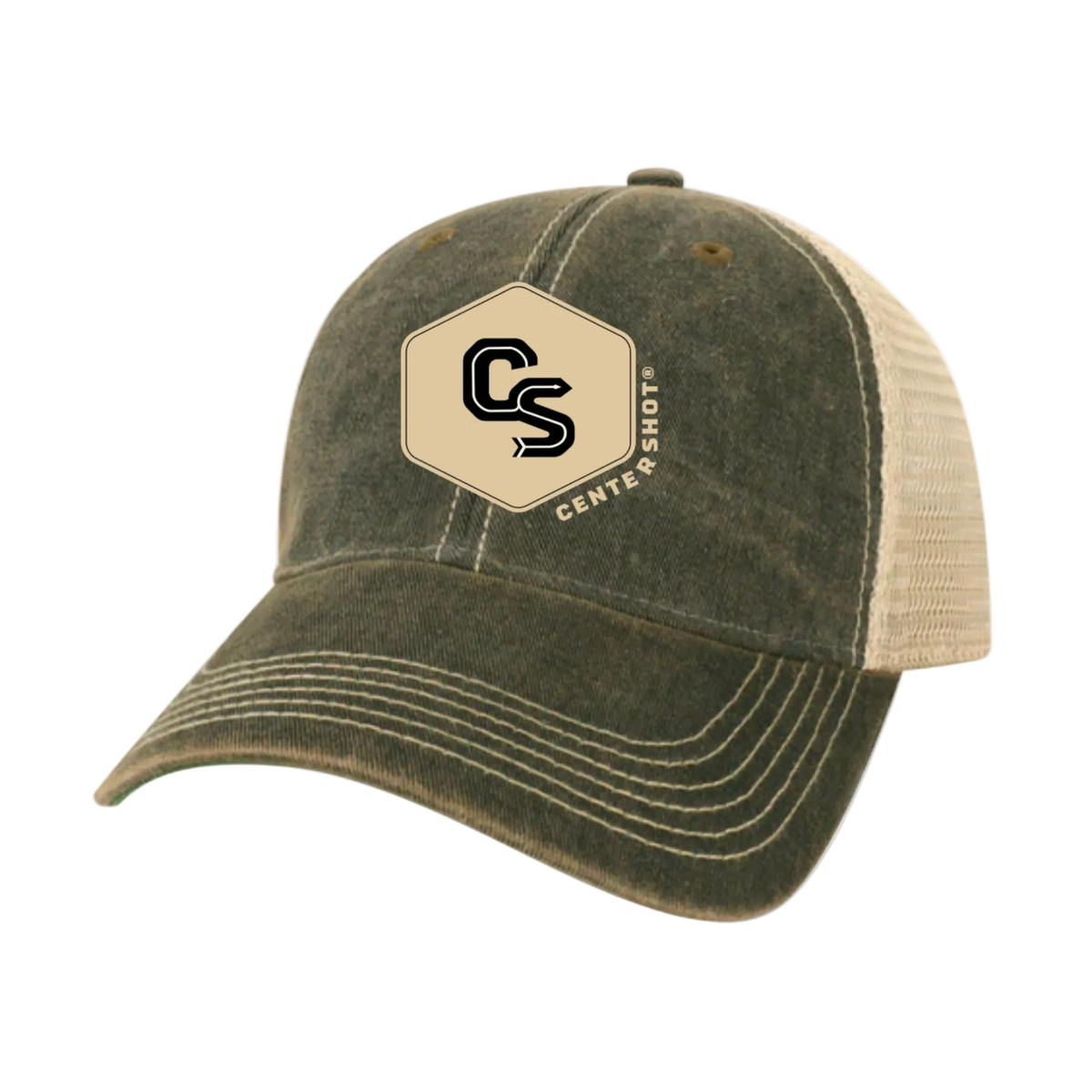 A distressed green trucker hat with beige mesh back panels and a beige hexagonal patch on the front featuring the 'CS' logo and 'CENTERSHOT' text.