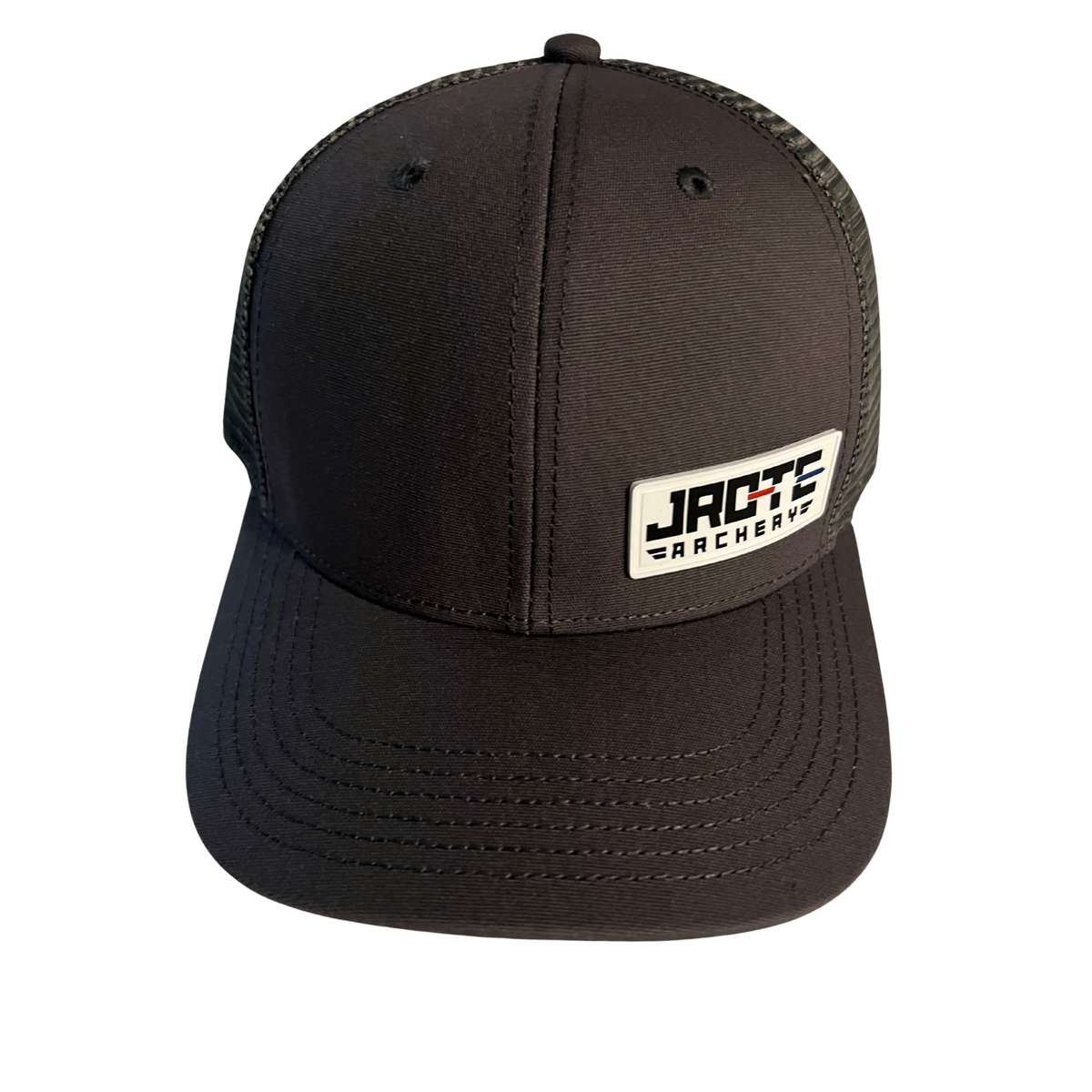 A gray trucker-style cap with a structured front panel and gray mesh back, featuring a rectangular white patch on the front with the text 'JROTE ARCHERY'. The cap is photographed on a clean white background.