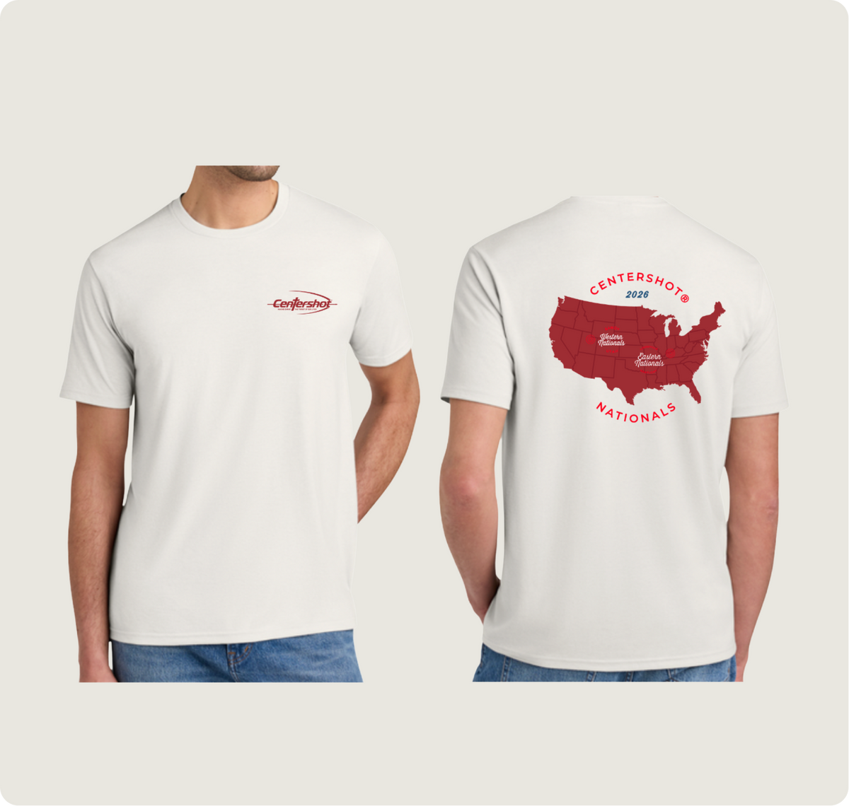A man modeling a cream short-sleeve T-shirt shown from both front and back against a light gray studio background. The front has a small red 'Centershot' logo on the left chest, and the back has a large red United States map with the words Centershot Nationals.