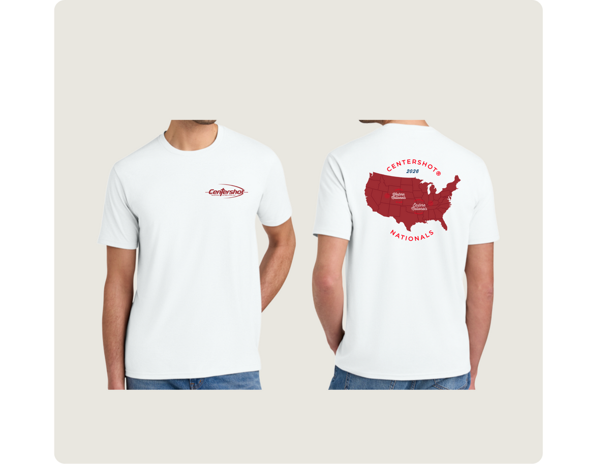 A man modeling a white short-sleeve T-shirt shown from both front and back against a light gray studio background. The front has a small red 'Centershot' logo on the left chest, and the back has a large red United States map with the words Centershot Nationals.